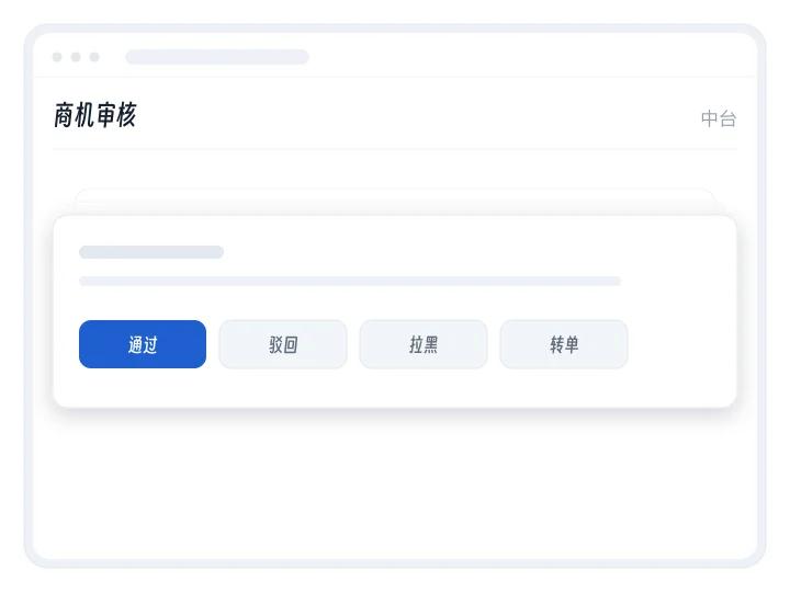 演示:商机审核的待办卡片上有通过、驳回、拉黑、转单四个按钮,按下通过后卡片移开,下一张补位