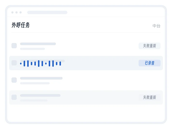 演示:外呼任务里一条线索从拨号中到已接通再到已录音,通话波形跳动,没接通的两条标为失败重拨